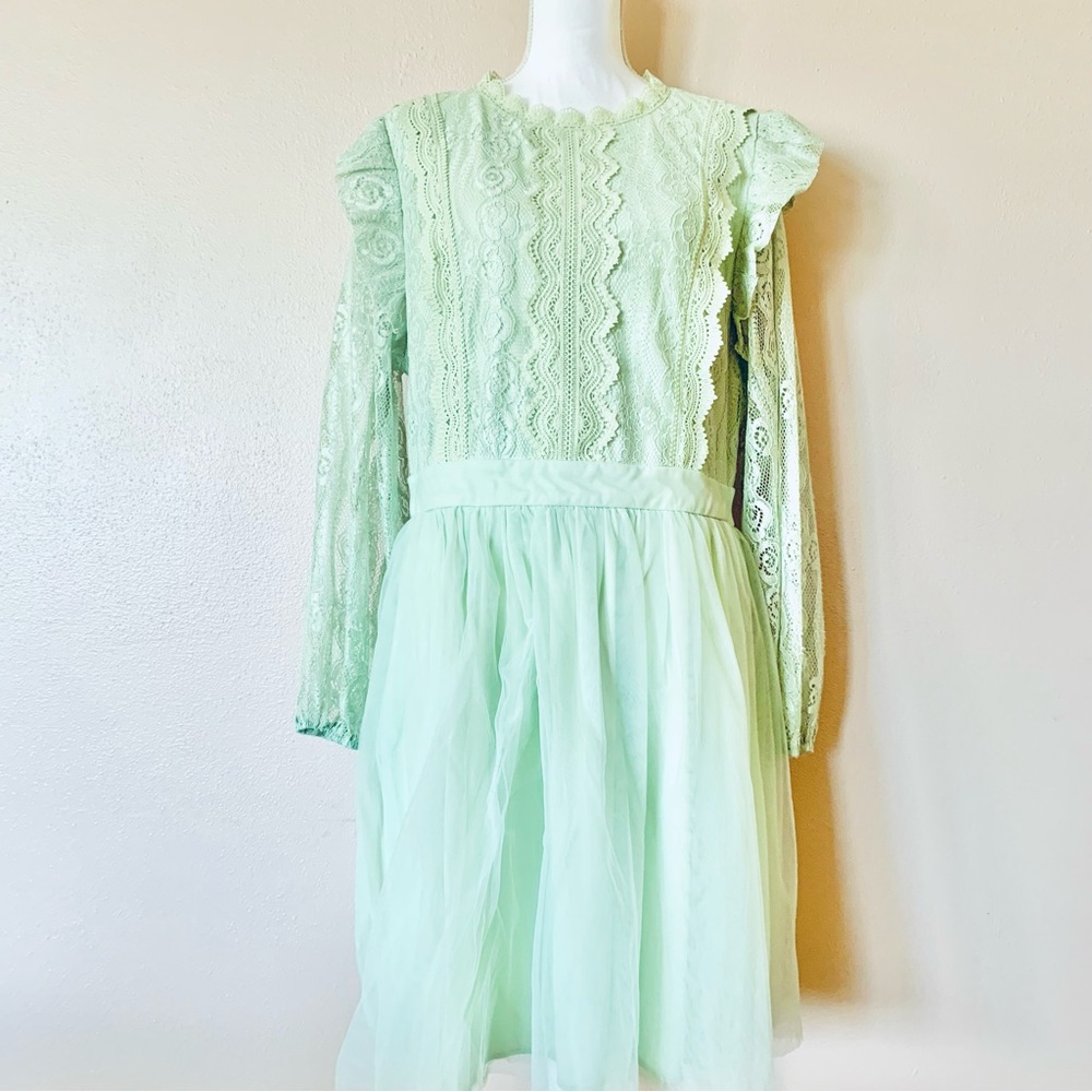 Simplee Plus Pastel Green Floral Ruffled Lace Long Sleeve Tulle Mini Dress.